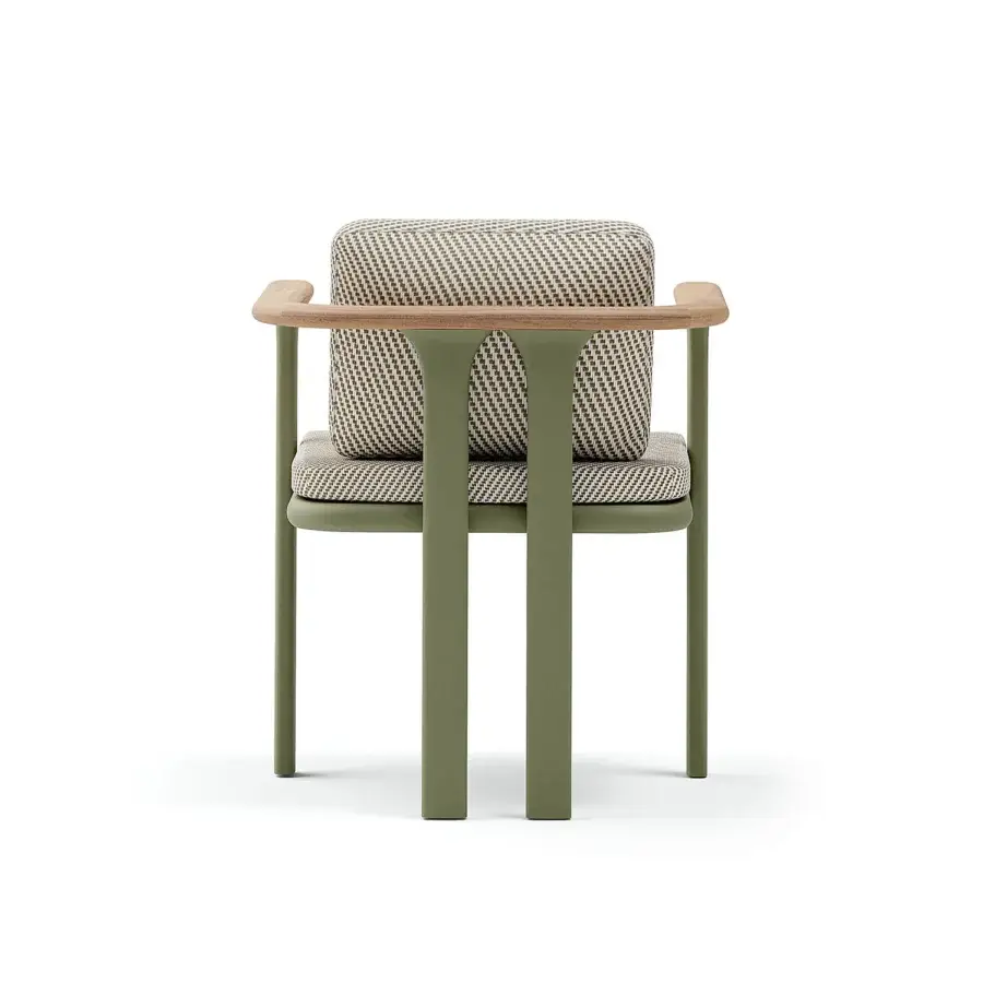 Captivating Atmosphera Bliss armchair with Olive Green aluminum, natural teak armrests and neutral textile upholstery