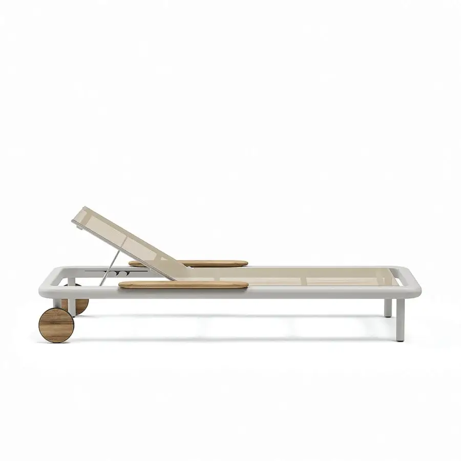 Elegant Atmosphera Bliss lounger with architectural aluminum, light beige textilene seat and naturally warm teak armrests with Gesso finish