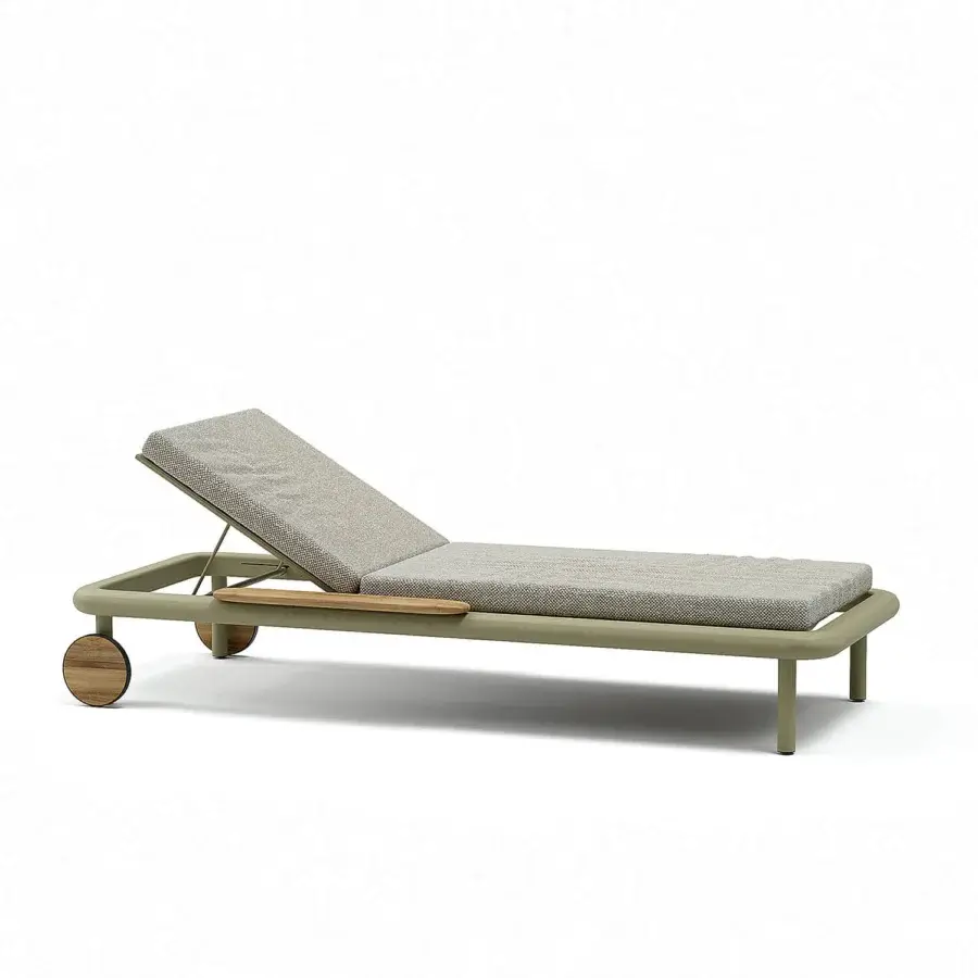 Sophisticated Atmosphera Bliss lounger with Olive Green aluminum, teak armrests and breathable textilene seat