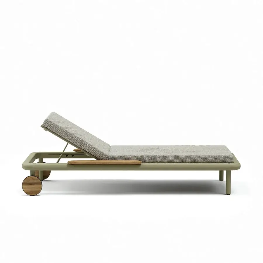 Architectural Atmosphera Bliss lounger with Olive Green aluminum, natural teak armrests and high-performance textilene seat