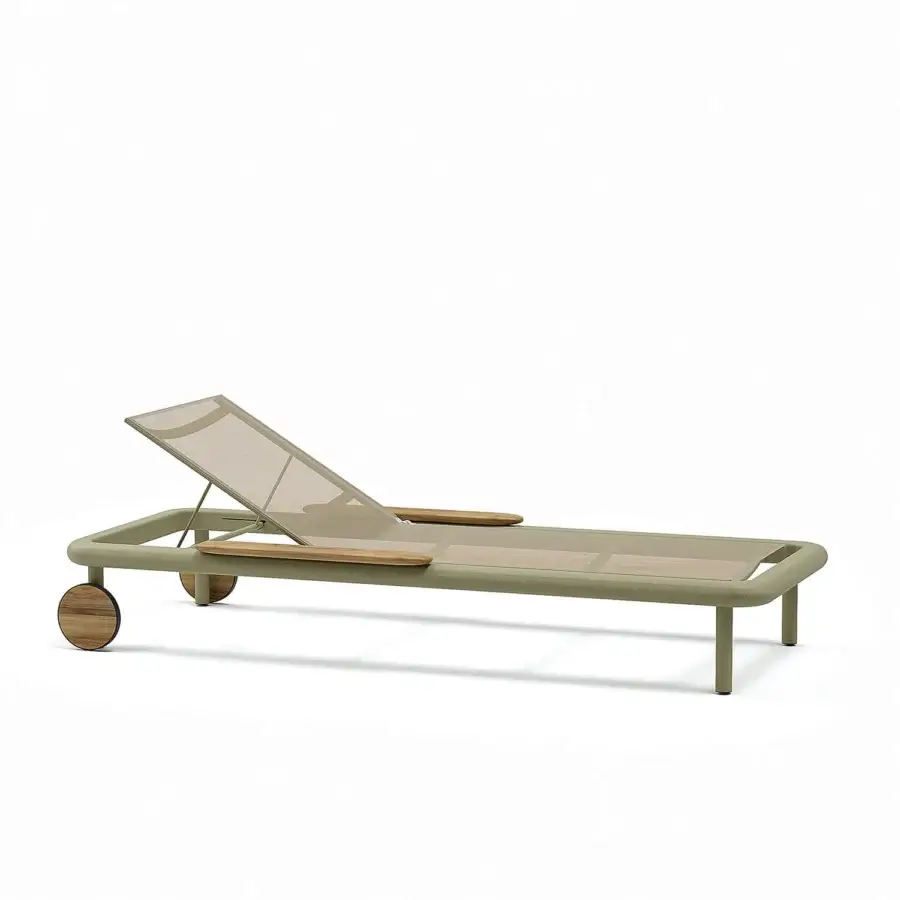 Distinguished Atmosphera Bliss lounger with Olive Green aluminum, light beige textilene and gently curved natural teak armrests