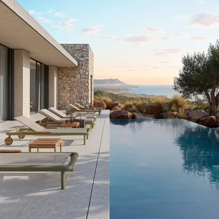Sophisticated Atmosphera Bliss lounger with architectural aluminum in Olive Green, natural teak armrests and breathable textilene seat