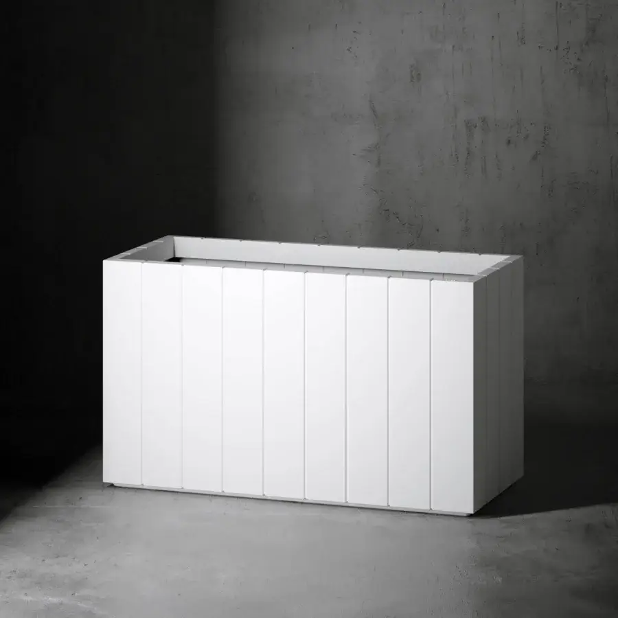 Distinguished Serralunga Fence planter, a planter built in matte white recyclable LLDPE with a ribbed design