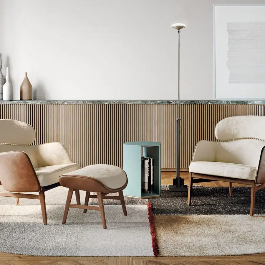 Exceptional Capital Dafne lounge chair with enveloping shells and muted beige textile upholstery crafted with a warm satin wooden frame