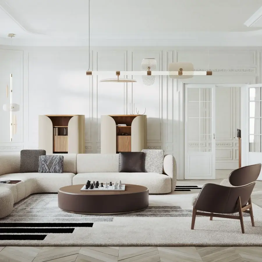Refined Capital Dafne lounge chair with enveloping form crafted in light gray-beige textured textile and solid wooden frame
