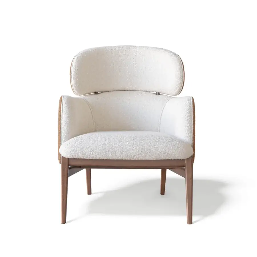 Superior Capital Dafne lounge chair with curved design upholstered in textured off-white textile and satin-finish medium-brown wooden legs