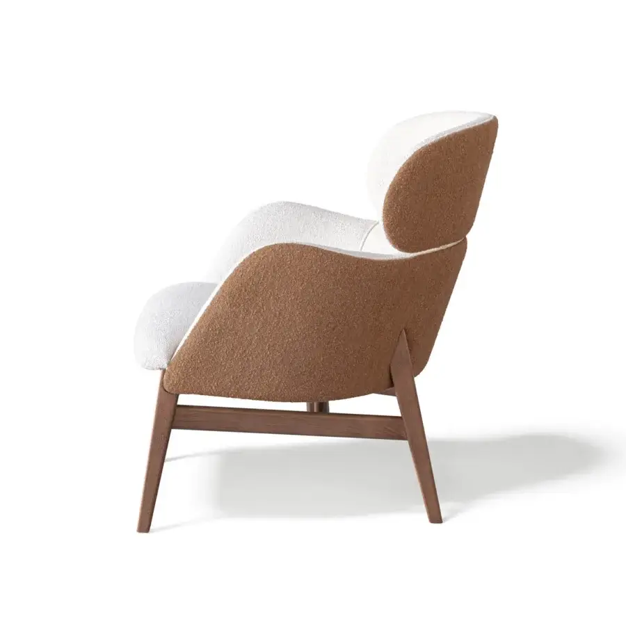 Exceptional Capital Dafne lounge chair with curved shells upholstered in warm brown and soft off-white textile with a satin wooden frame