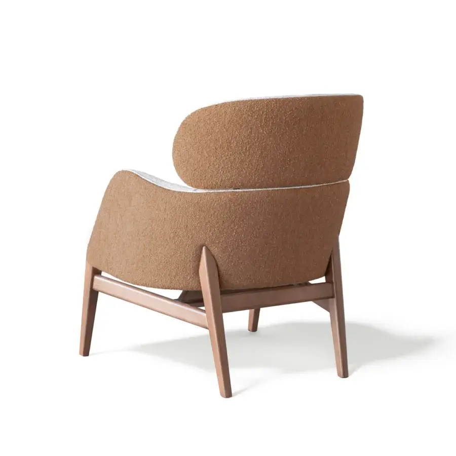 Refined Capital Dafne lounge chair with curved design upholstered in warm brown textured textile and satin-finish wooden legs