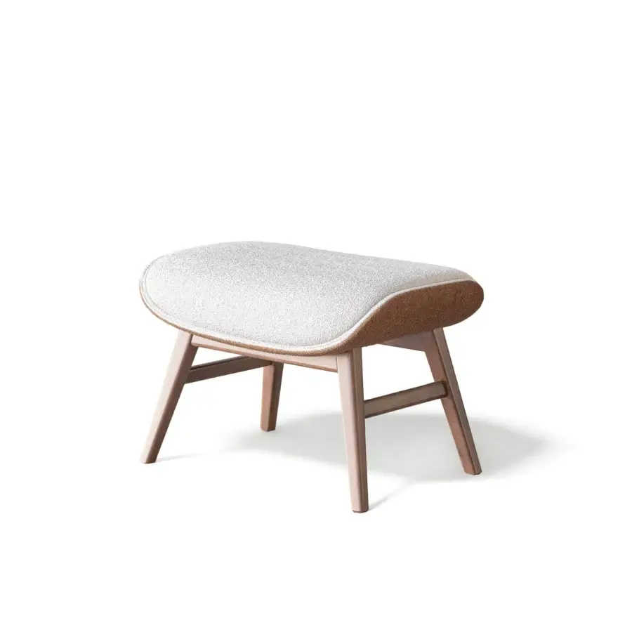 Distinguished Capital Dafne lounge chair with curved form upholstered in textured heathered off-white textile and satin sheen wood legs