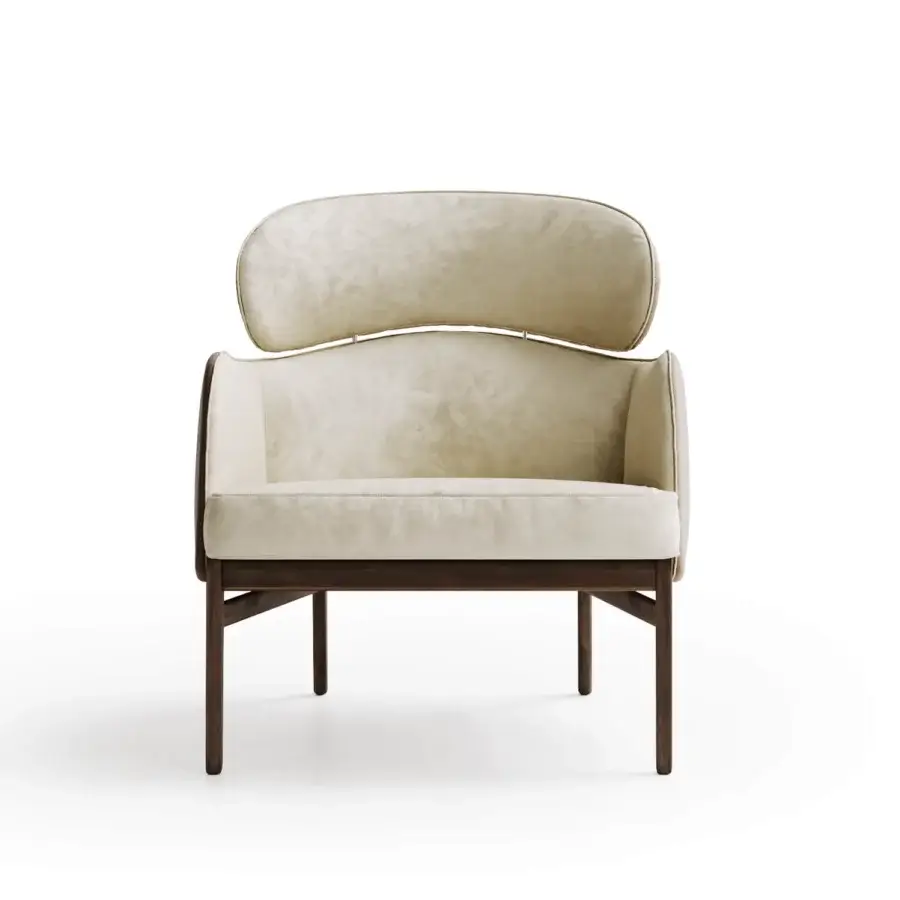 Superior Capital Dafne lounge chair with enveloping form upholstered in creamy beige textured textile and satin-finish wooden legs