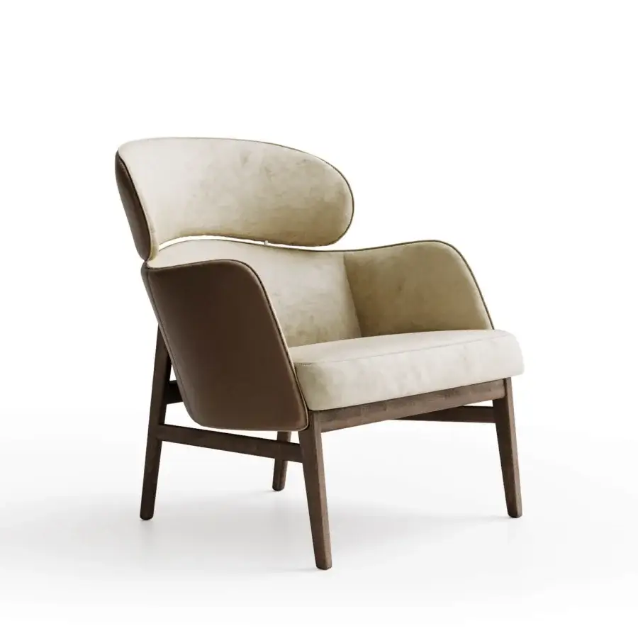 Distinguished Capital Dafne lounge chair with curved design upholstered in textured beige textile and satin-finish wooden legs