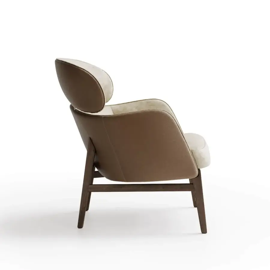 Exceptional Capital Dafne lounge chair with elegant curved design upholstered in warm taupe textile and satin-finish wooden legs