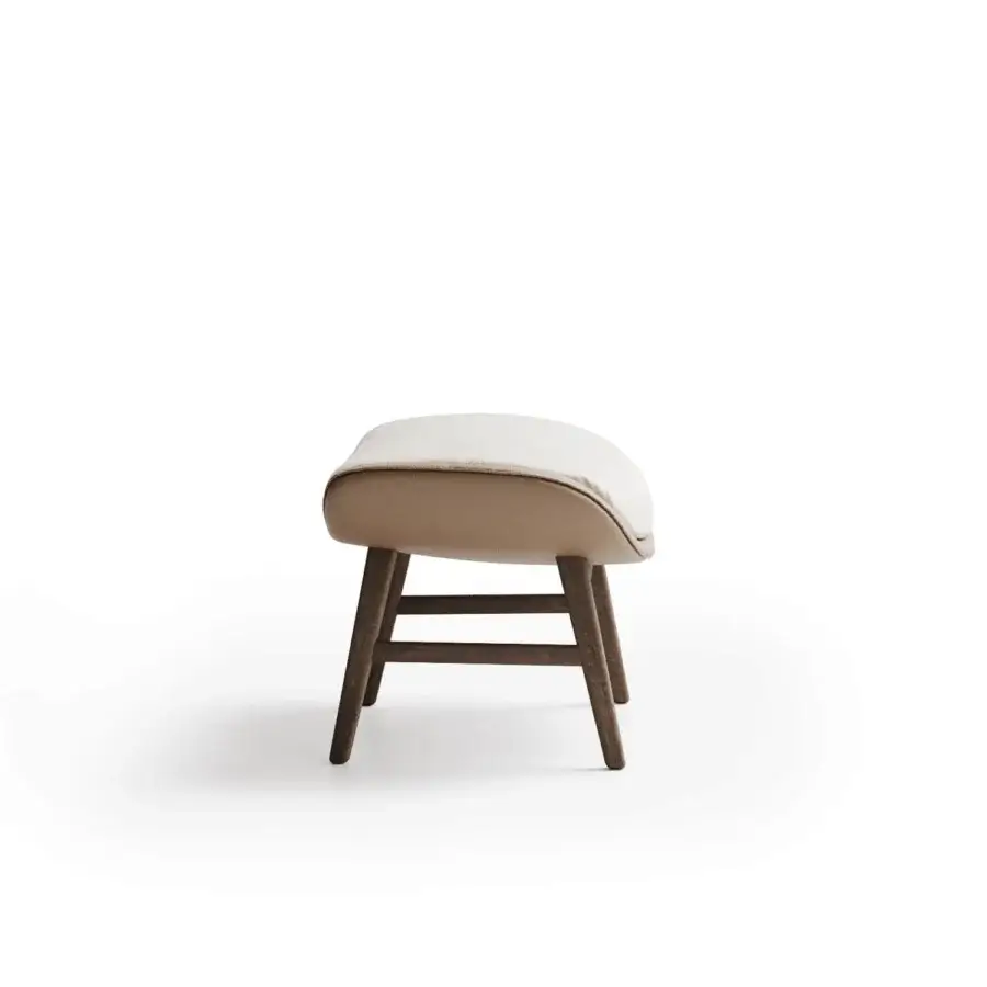 Distinguished Capital Dafne lounge chair with curved form upholstered in neutral beige textile and satin-finish wooden legs