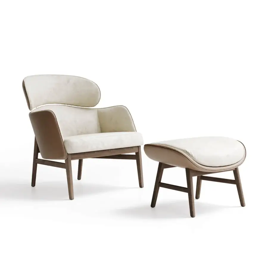 Lavish Capital Dafne lounge chair with curved silhouette upholstered in textured off-white and smooth tan textiles with satin wood finish