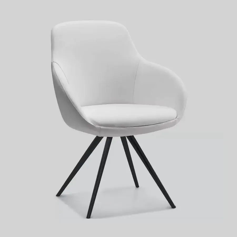 Superior Ivano Antonello Italia Simona armchair with curved plywood shell and matte white synthetic leather upholstery, built with a dark metal base