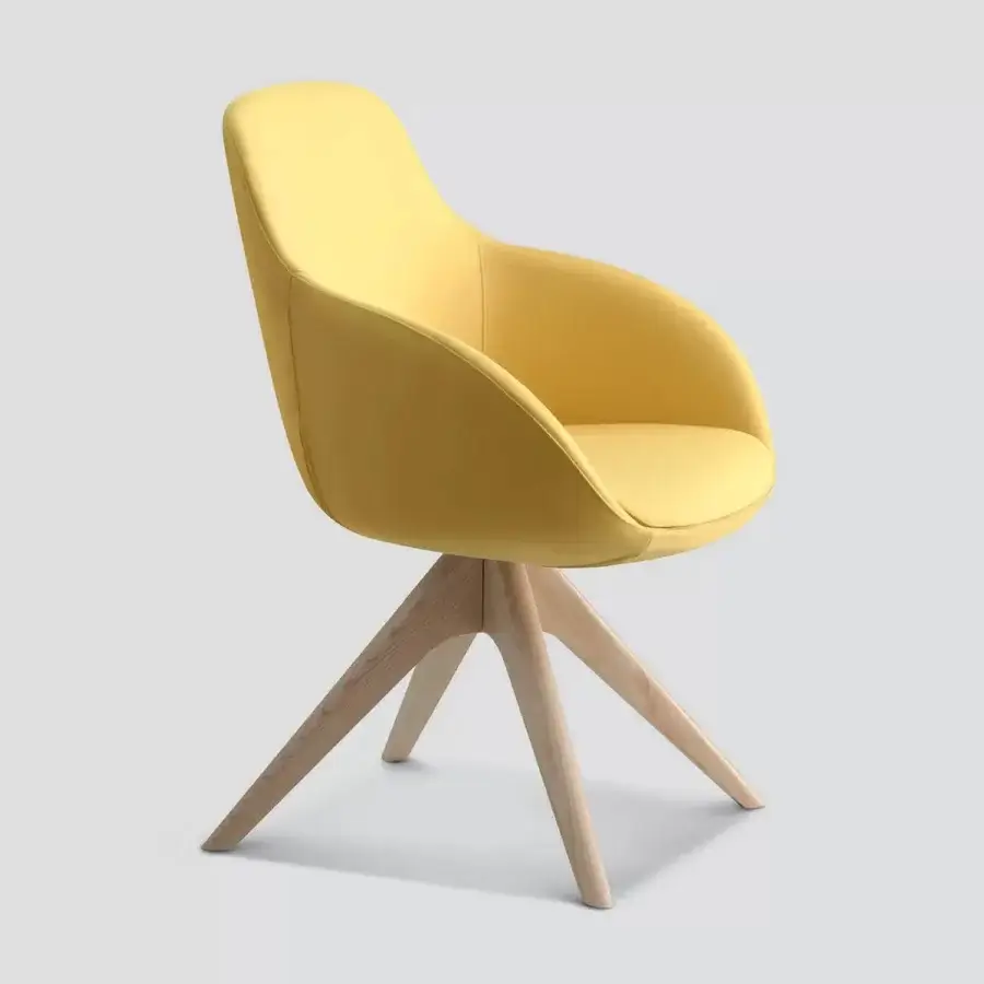 Distinguished Ivano Antonello Italia Simona armchair with curved plywood shell upholstered in muted yellow fabric and satin light beech wood base