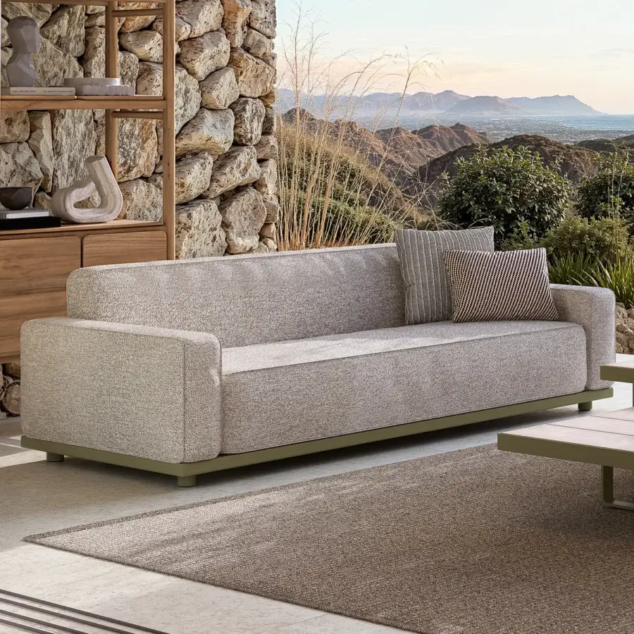 Distinguished Atmosphera Laguna sofa with light gray heathered textile upholstery and low olive-green metal frame