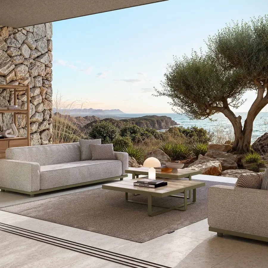 Superior Atmosphera Laguna sofa with textured light gray textile upholstery and minimalist clean lines