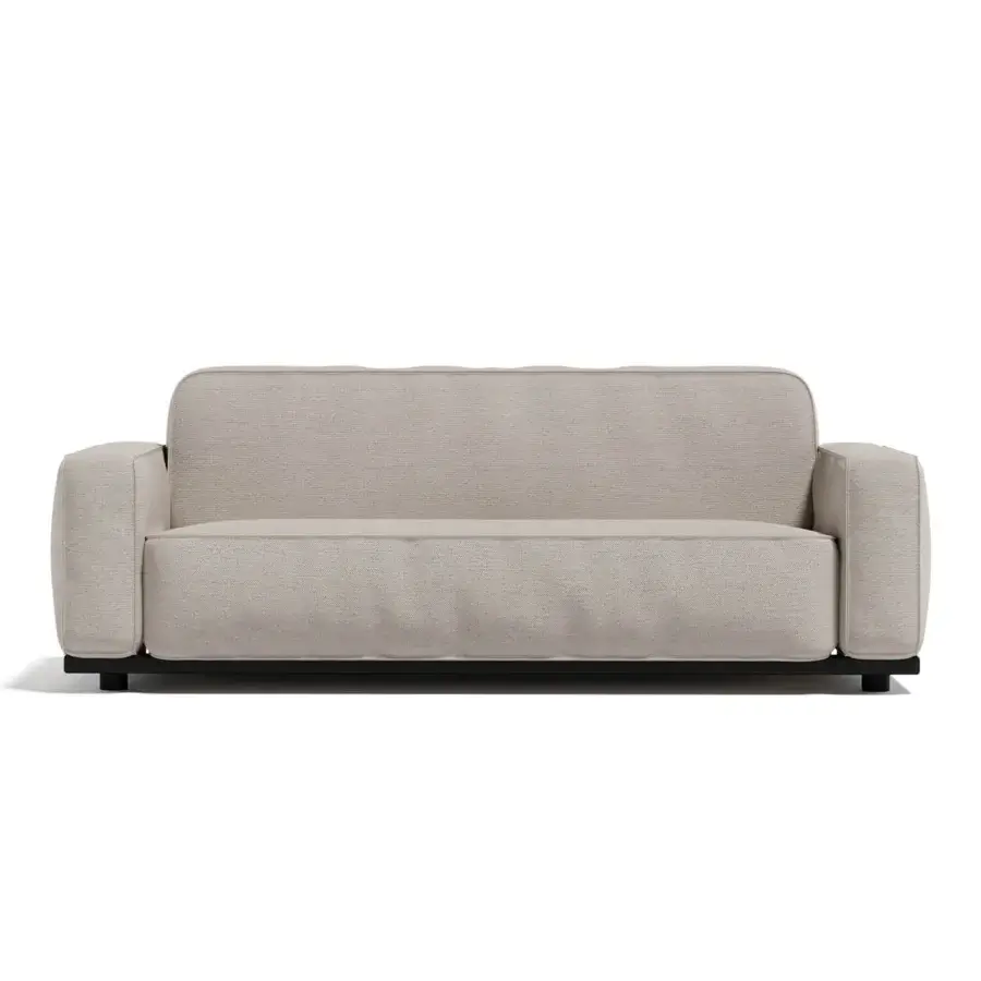 Distinguished Atmosphera Laguna sofa with textured neutral beige textile upholstery and darker-toned wood composite base