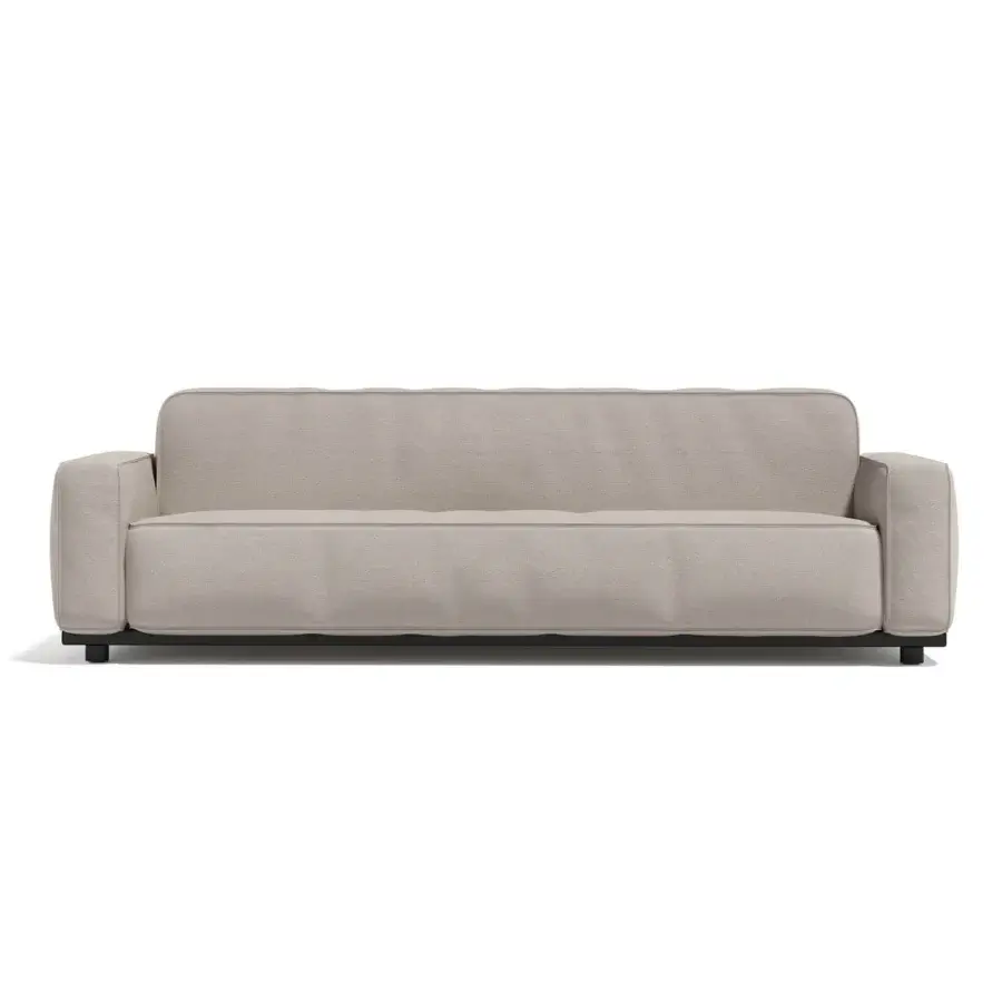 Exceptional Atmosphera Laguna sofa with subtly textured neutral beige textile upholstery and refined Italian craftsmanship