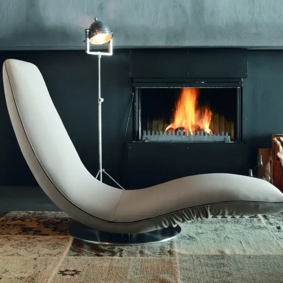 Superior Tonin Casa Ricciolo lounge chair to chaise in light beige refined grain leather with polished metal swivel base