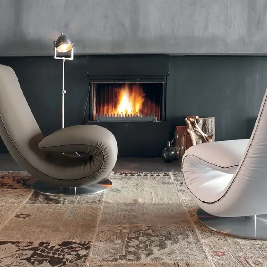 Distinguished Tonin Casa Ricciolo lounge chair to chaise upholstered in refined beige-grey Orchidea elastic fabric with a polished metal base