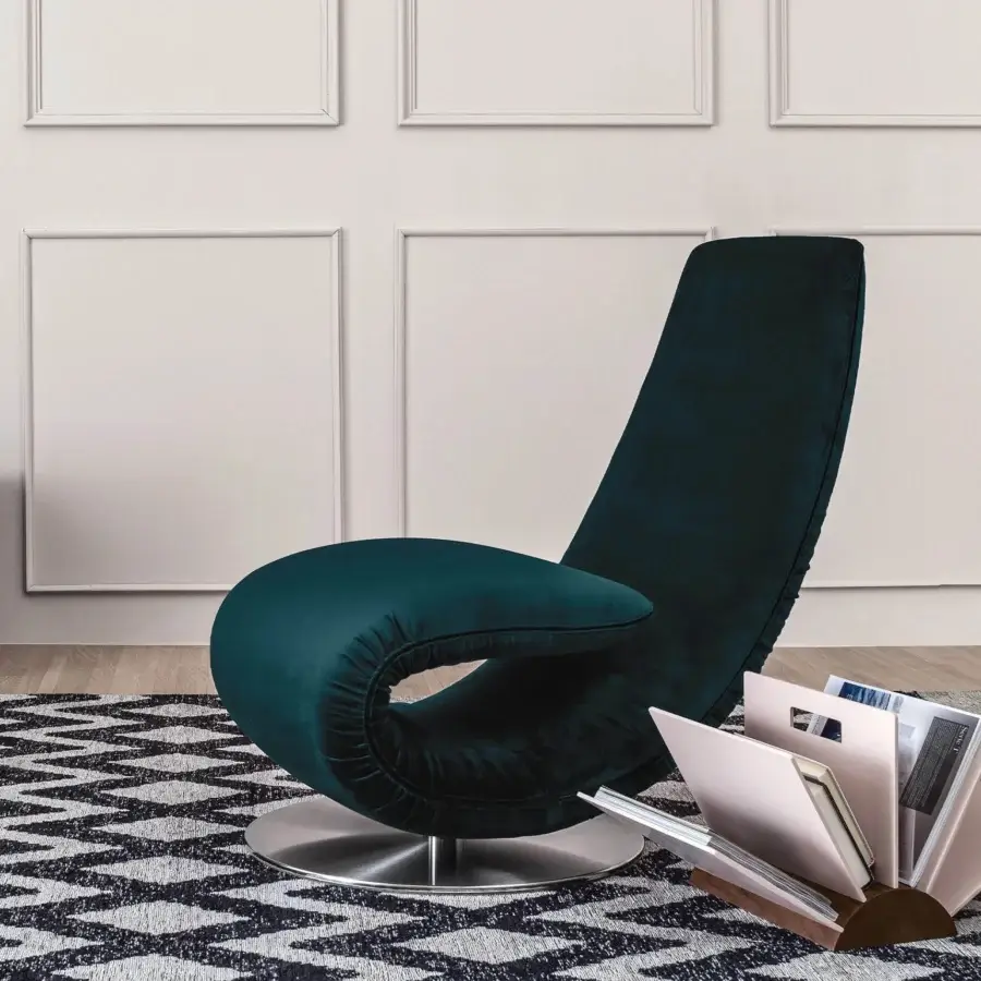 Exceptional Tonin Casa Ricciolo lounge chair to chaise upholstered in teal Orchidea elastic fabric with a matte textured finish