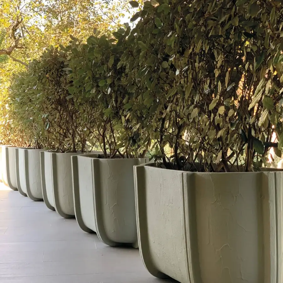 Avant-garde Serralunga Cassero planter crafted in olive green LLDPE plastic with a textured concrete-effect finish
