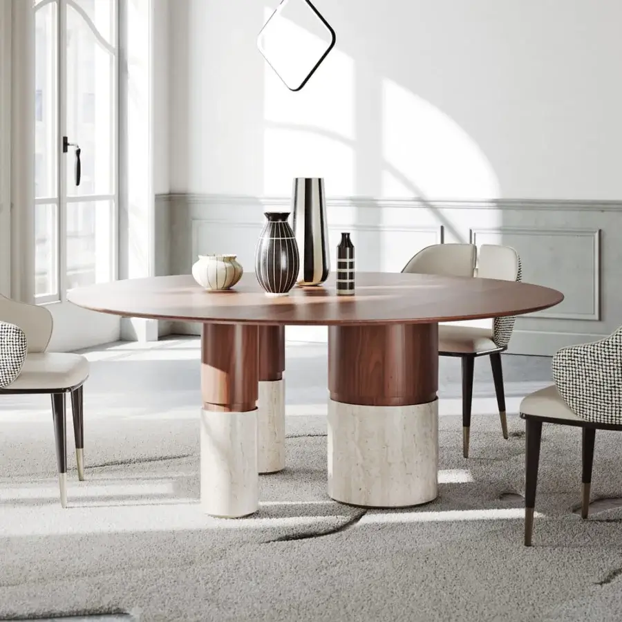 Superior Capital Loīc table with round lacquered wood tabletop and sculpted marble pedestal displaying a matte finish