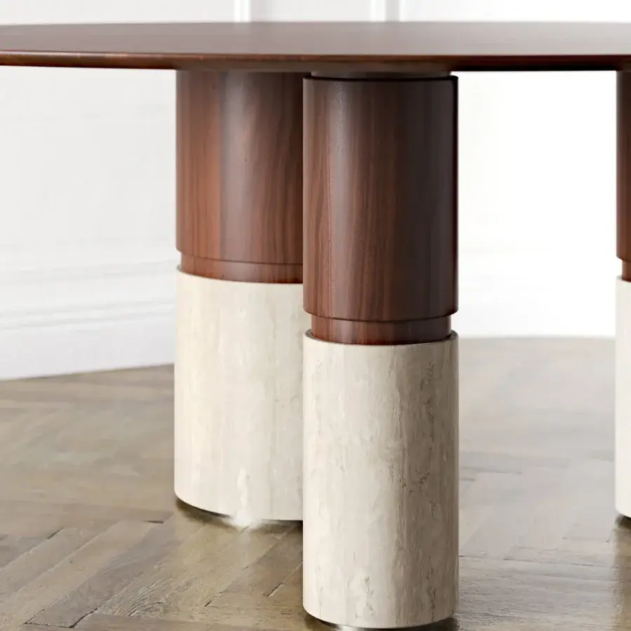 Distinguished Capital Loīc table with shaped lacquered wood and sculpted travertine marble base in dark brown tones