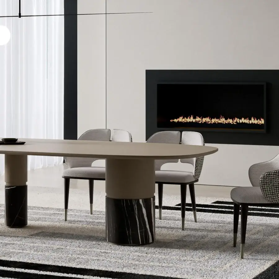 Elegant Capital Loīc table with a matte beige lacquered wood top and sculpted marbled legs creating a harmonious bi-material design