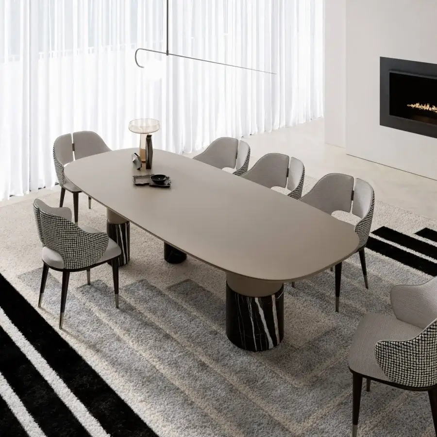 Superior Capital Loīc table crafted with a matte beige lacquered wood top and polished marble bases