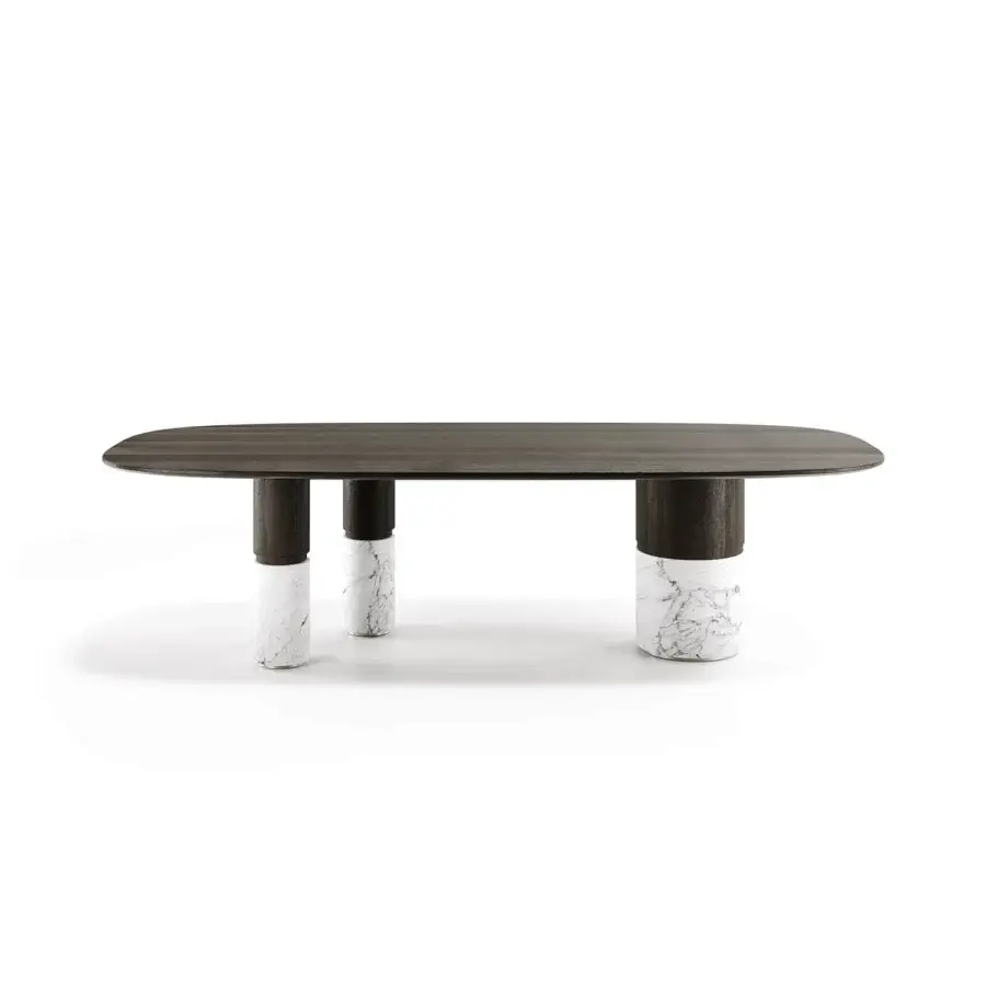 Elegant Capital Loīc table built with lacquered wood and white marble bases, showcasing a smooth satin finish