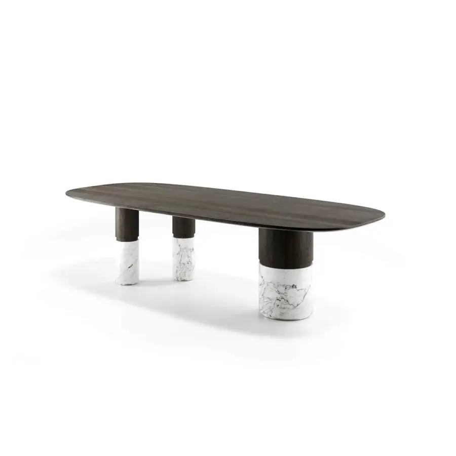 Superior Capital Loīc table crafted in dark lacquered wood with a sculptural white marble base exhibiting grey veining