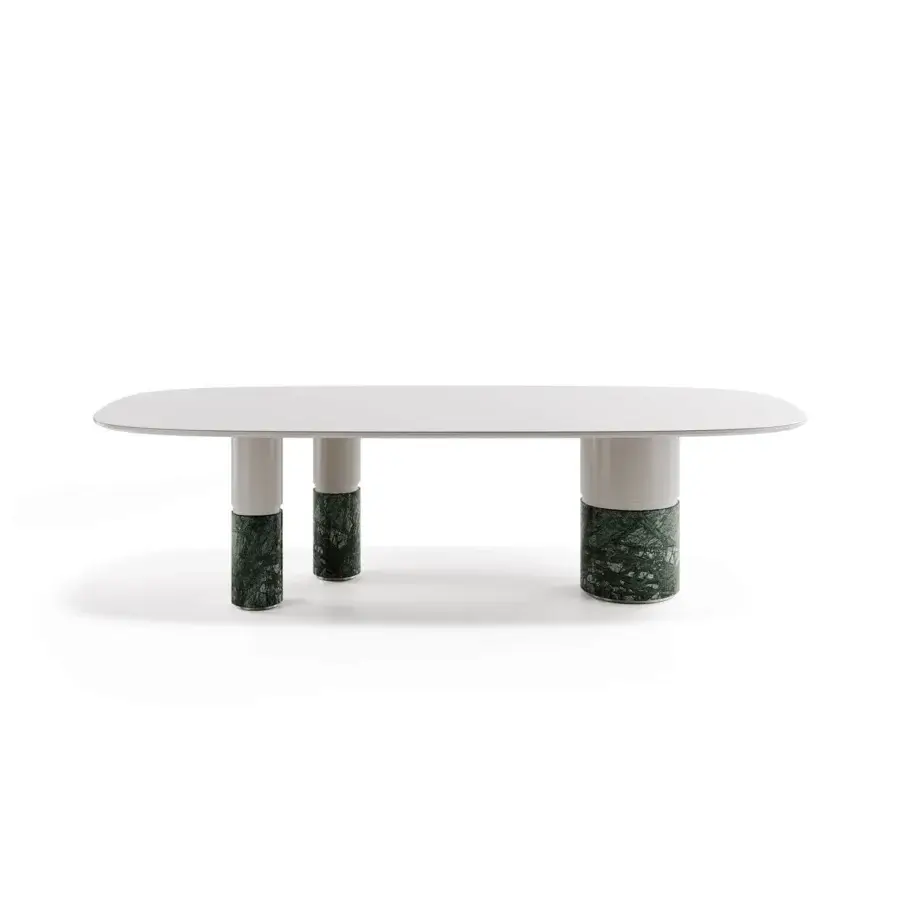 Elegant Capital Loīc table crafted in lacquered wood with dark green veined marble bases and matte white legs