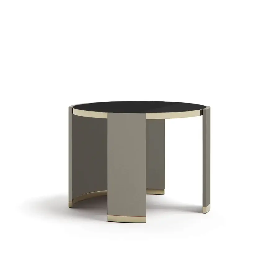 Distinguished Capital Jewel side table with wood tabletop and lacquered greyish-taupe finish with warm metallic gold accents