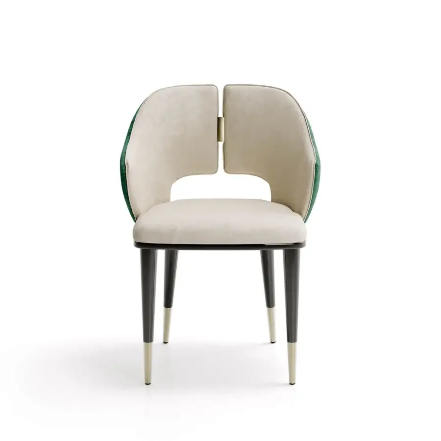 Distinguished Capital Augusta armchair crafted with pale beige velvet upholstery, emerald accents and sleek metal feet