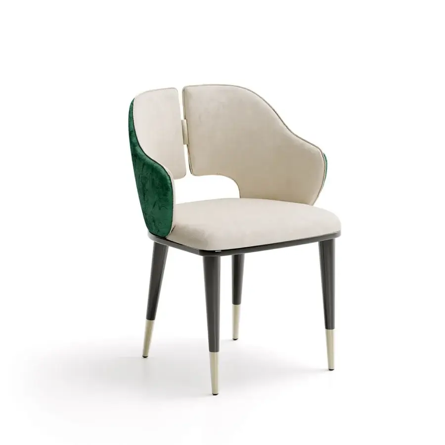 Lavish Capital Augusta armchair built with neutral beige and deep green textured velvet upholstery, accented with gold-toned metal leg caps