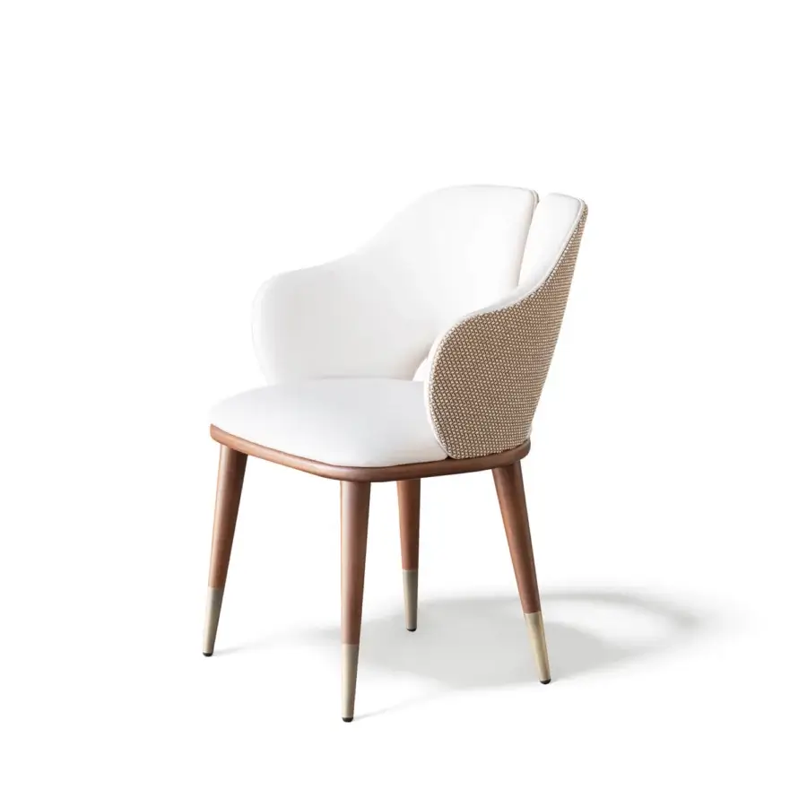 Distinguished Capital Augusta armchair crafted with white textile upholstery, light beige armrests and satin medium-brown wood legs with gold caps