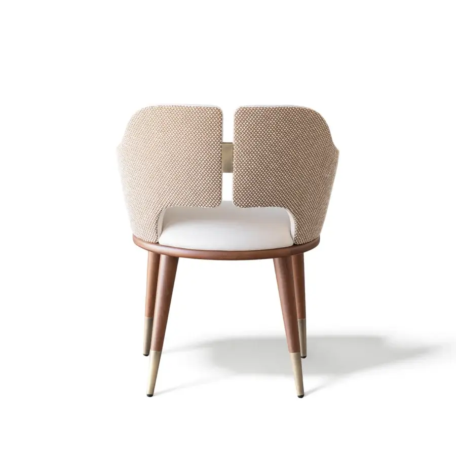 Distinctive Capital Augusta armchair built with warm beige woven textile upholstery and sleek satin-finish wood legs