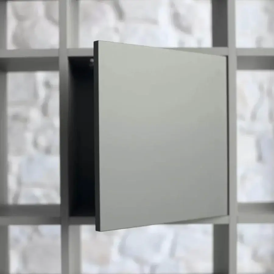 Superior Ivano Antonello Italia Plaza bookcase with lacquered wood and flush-mounted doors in a matte neutral gray finish