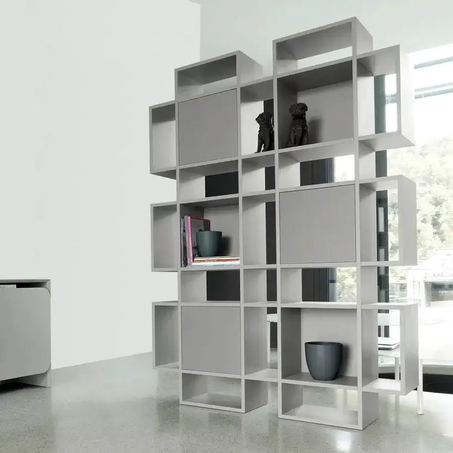 Elegant Ivano Antonello Italia Plaza bookcase with neutral gray lacquered wood and smooth matte finish