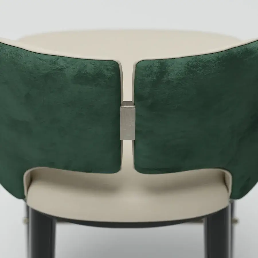 Refined Capital Augusta stool with deep green backrest, creamy beige seat, metallic gray insert, sleek metal feet and satin finish