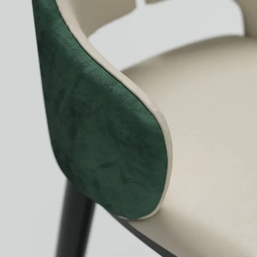 Distinguished Capital Augusta stool with forest green textile upholstery, light beige wood shell, and sleek matte dark metal legs