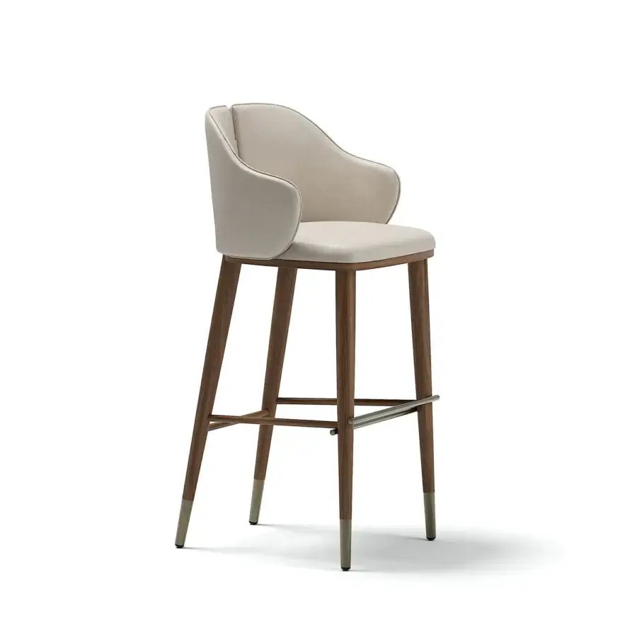 Distinguished Capital Augusta stool upholstered in light beige textile with gold-toned metal feet and satin wood finish