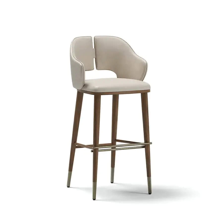 Exceptional Capital Augusta stool crafted in neutral beige textile with metallic insert and satin wood finish