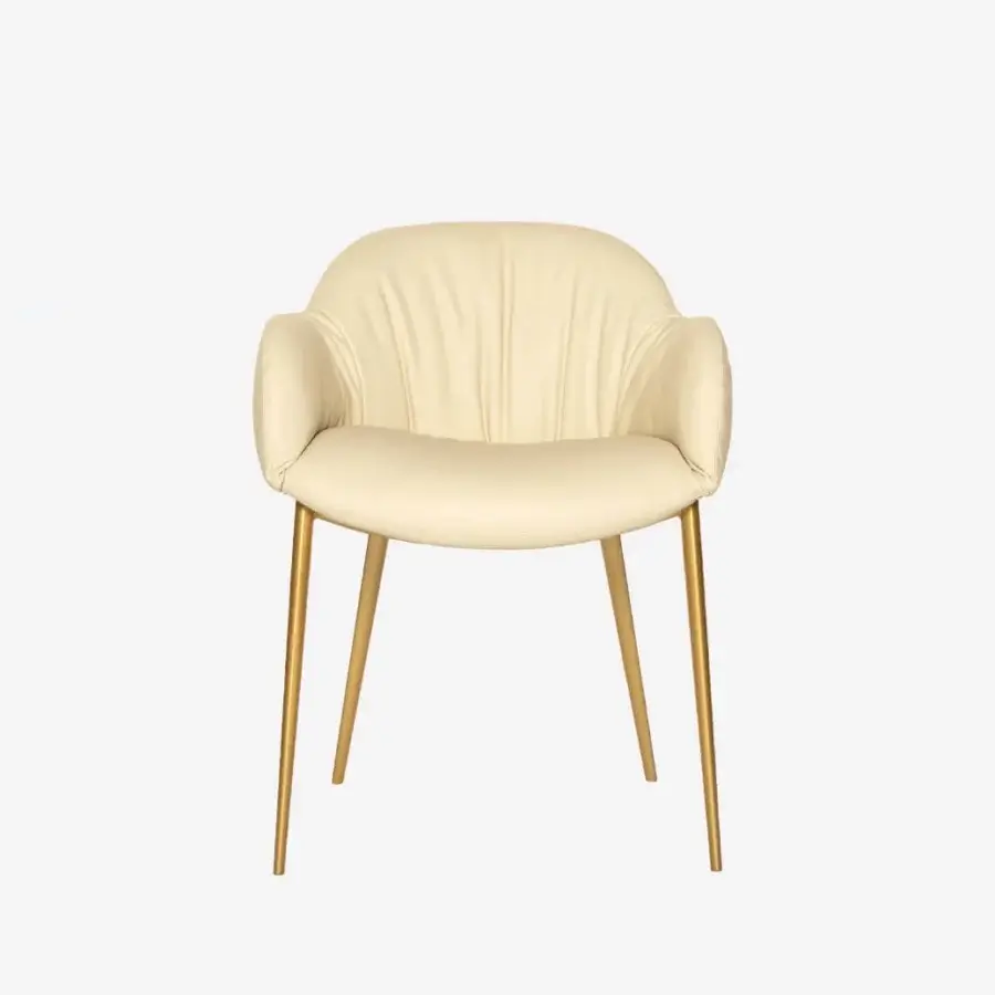 Elegant Tonin Casa Olympia armchair with enveloping form and pale cream textile upholstery supported by polished golden metal legs