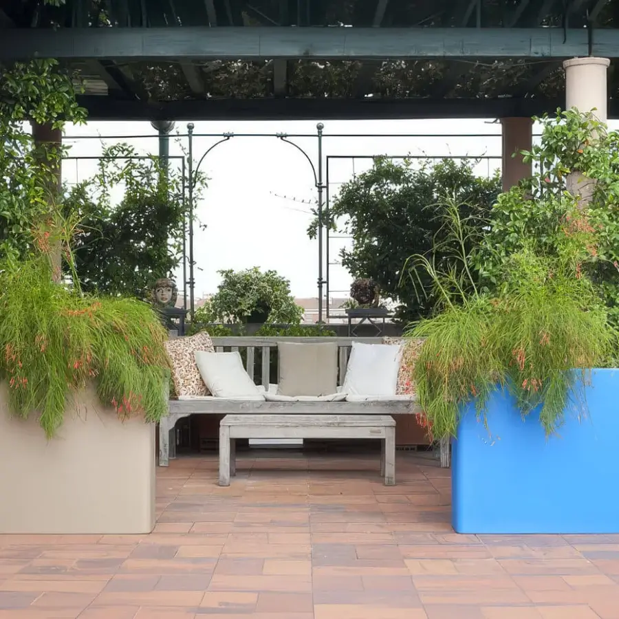 Distinguished Serralunga Rettangolare O/E planter built in vibrant blue LLDPE with a smooth matte finish
