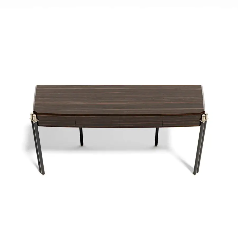 Exceptional Capital Mayfair console with dark brown wood grain, satin sheen and subtle brass accents on tapered legs