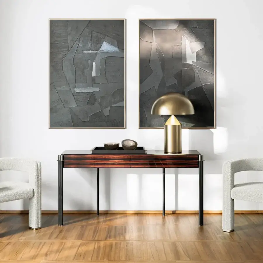 Distinguished Capital Mayfair console crafted in Italy with dark reddish-brown wood veneer and a glossy finish, built with a black metal frame